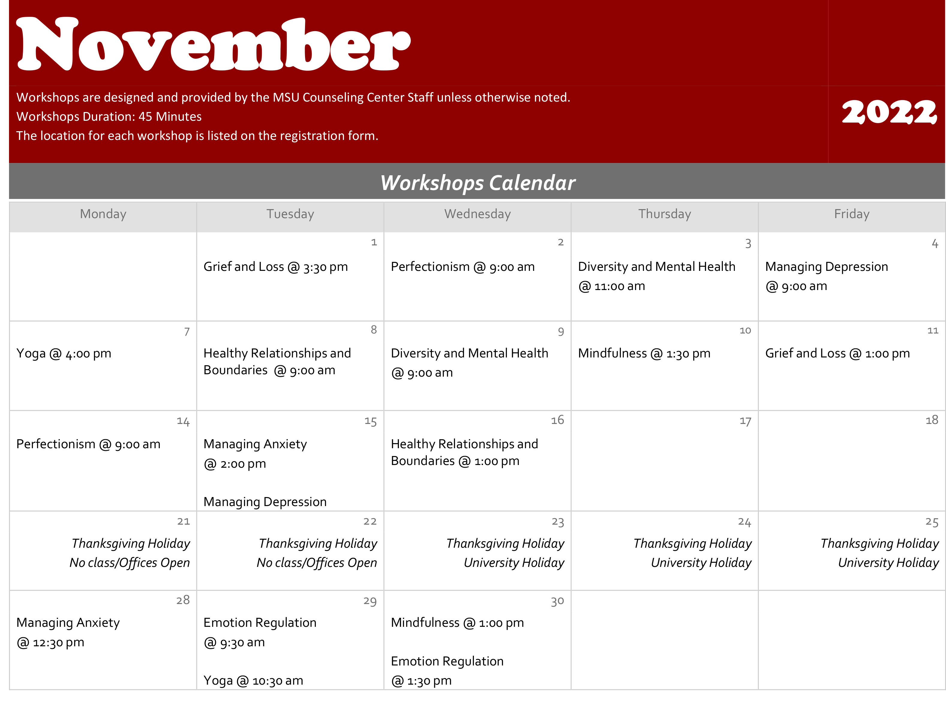 November 2022 Workshop Calendar