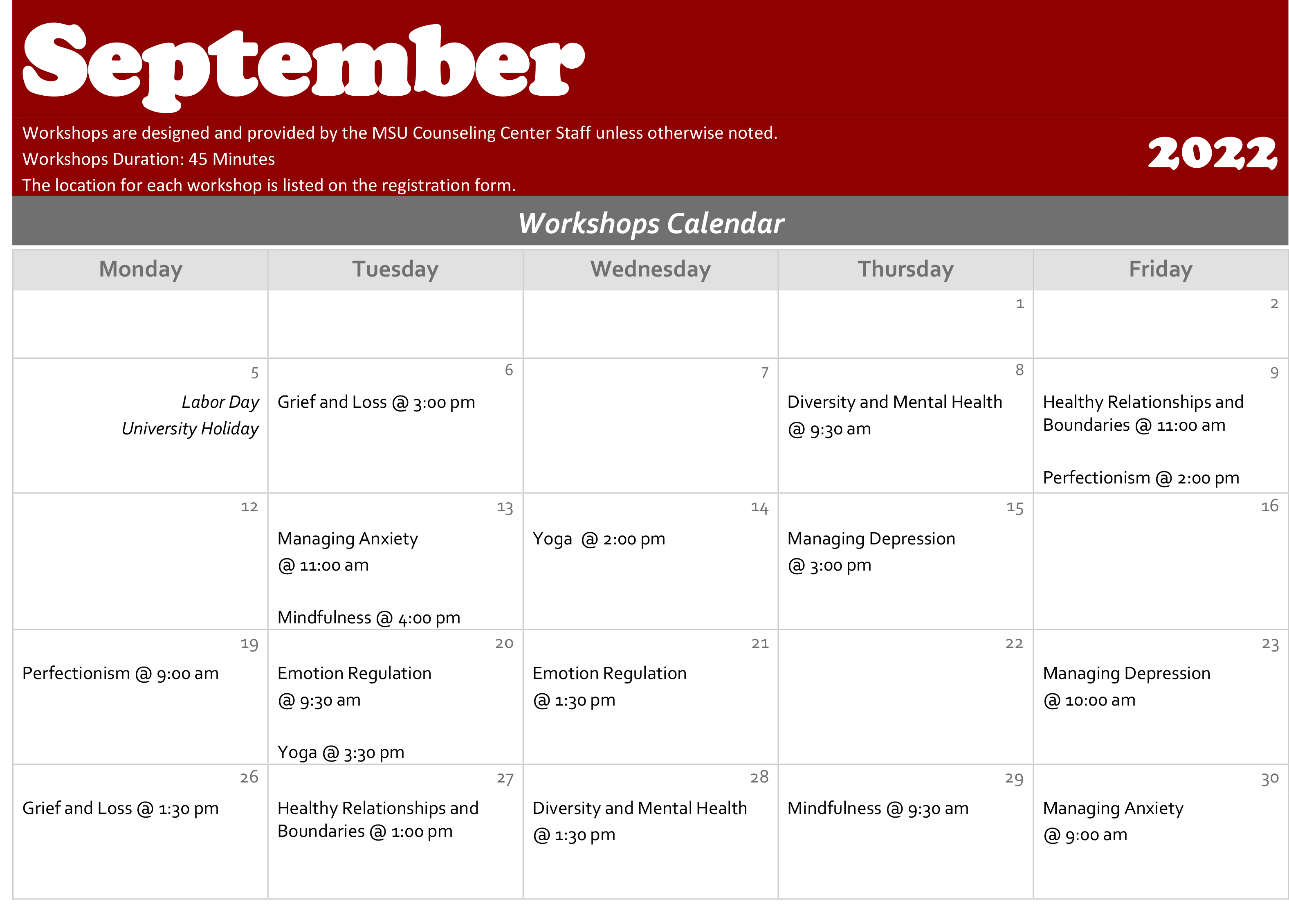 September 2022 Workshop Calendar
